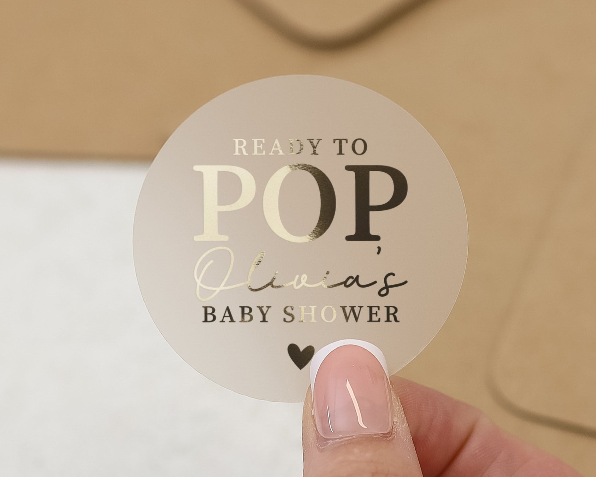 Ready To Pop Baby Shower Sticker, Personalised Baby Shower Label, Gold Foil Baby Shower Sticker, Custom Name Baby Shower Decoration
