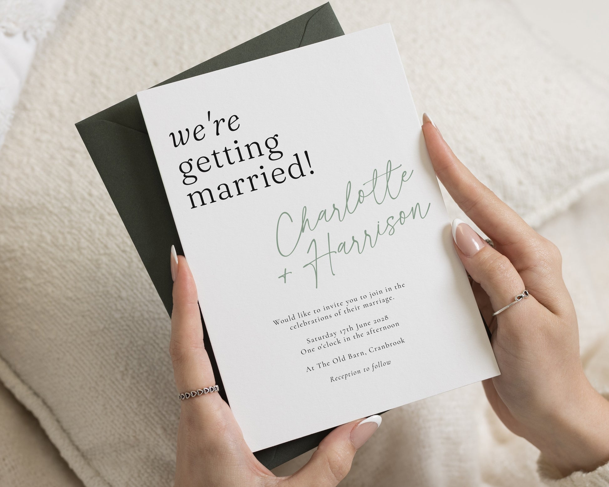 Sage Green Minimalist Wedding Invitations, Simple Typography Wedding Invite, Personalised Modern Invitation Suite, Forest Green Envelope