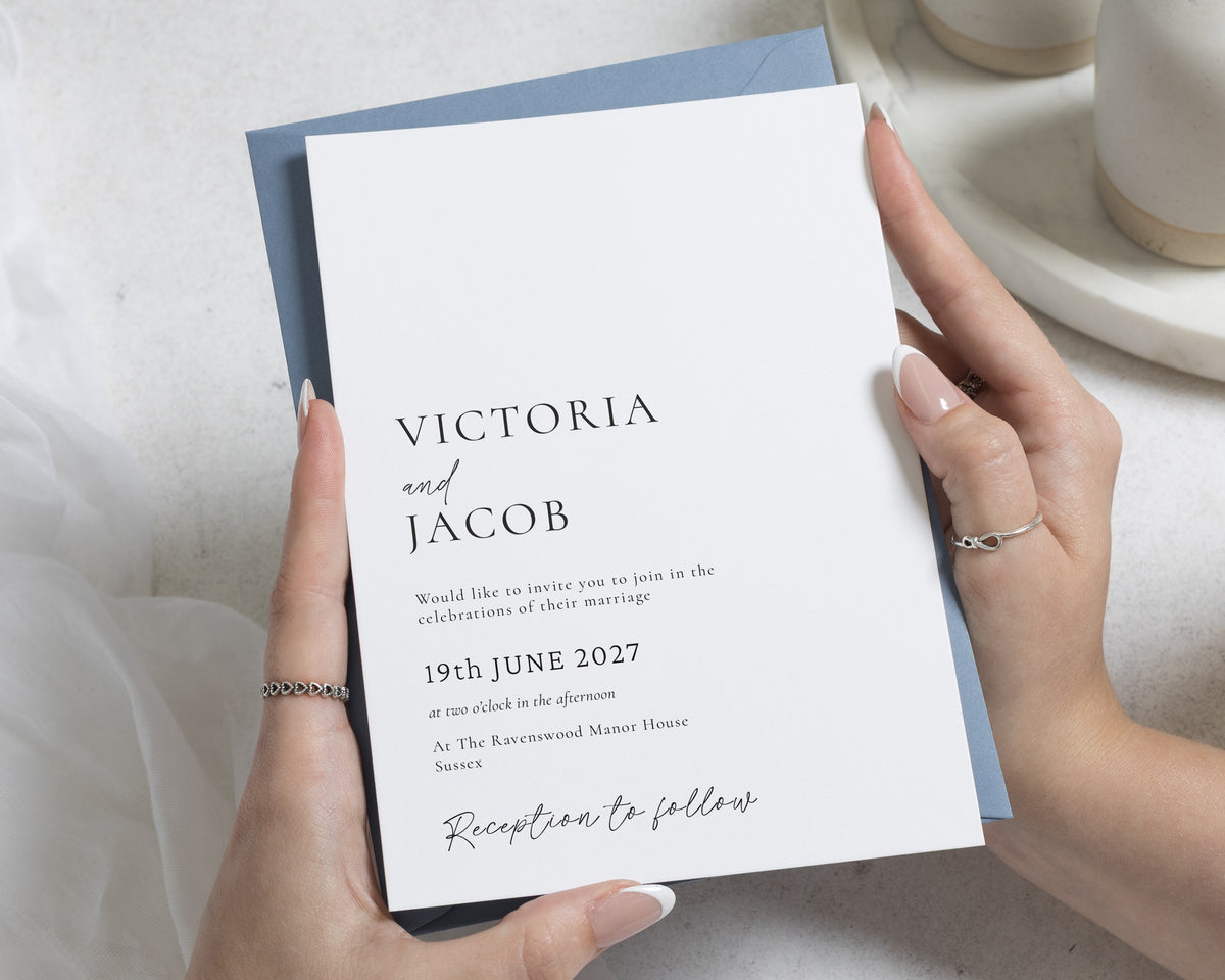 Dusty Blue Wedding Invitations, Minimalist Wedding Invite, Simple Classic Typography Invitation Suite, Personalised Wedding Stationery