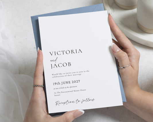 Dusty Blue Wedding Invitations, Minimalist Wedding Invite, Simple Classic Typography Invitation Suite, Personalised Wedding Stationery