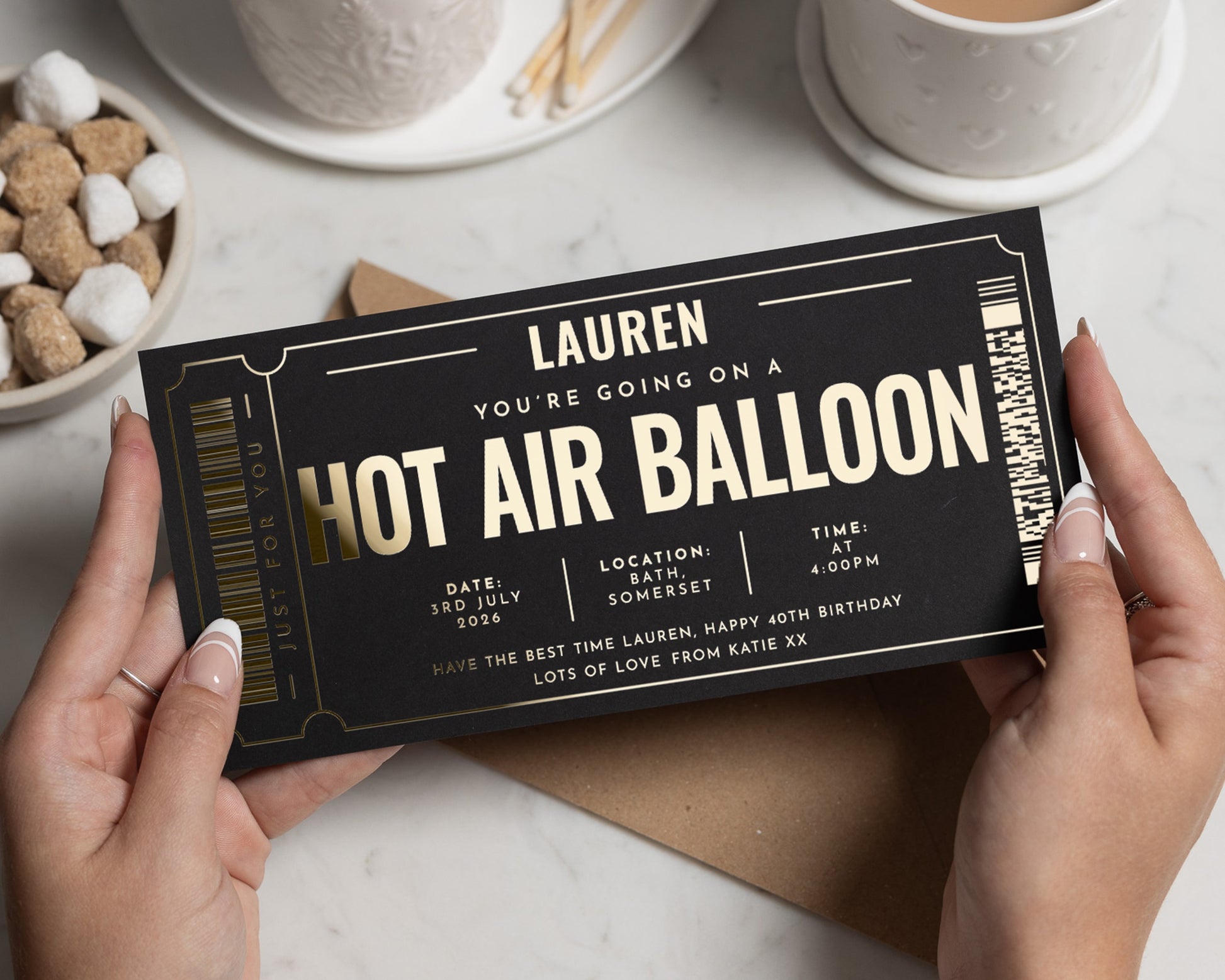 Personalised Hot Air Balloon Gift Voucher, Birthday Experience Ticket, Gold Foil, Custom Adventure Gift