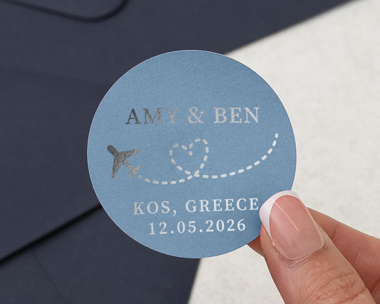 Personalised Wedding Sticker, Travel Wedding Label, Custom Name Foil Sticker, Destination Wedding, Blue and Silver Wedding Sticker