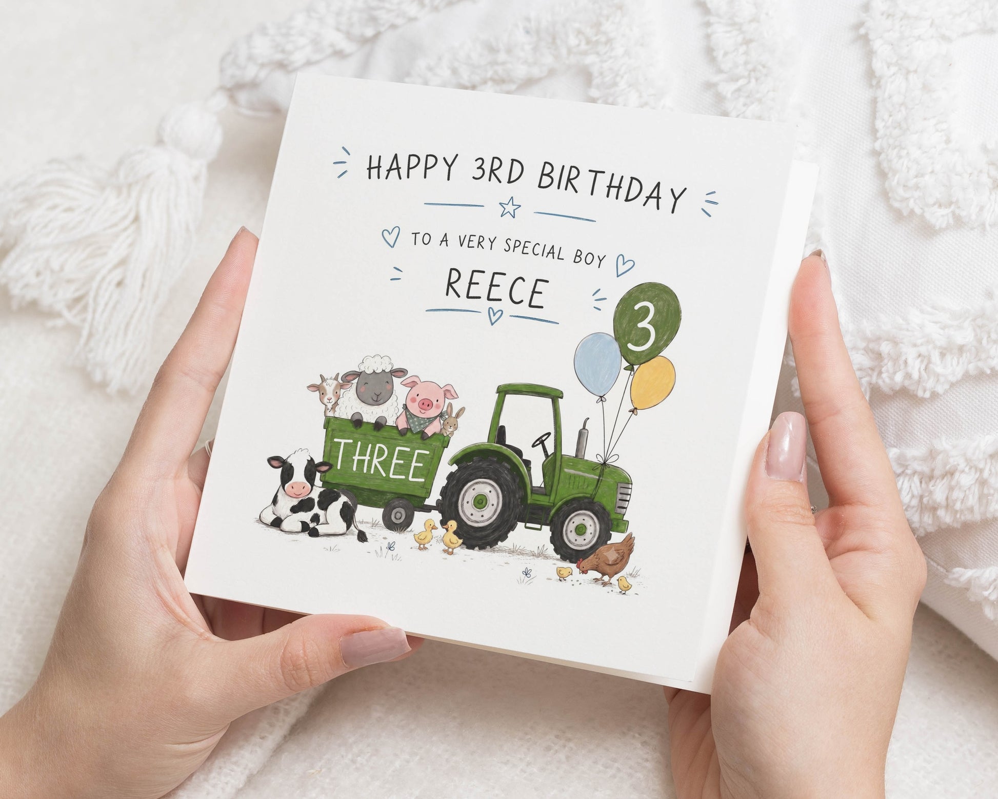 3rd Birthday Card for Boy, Third Birthday Card, Personalised Birthday Card for Son, Tractor Birthday Card, Farm Animal Birthday Card