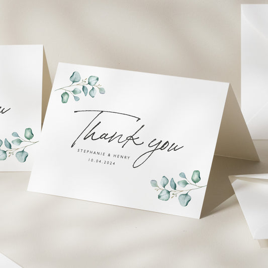 Eucalyptus Wedding Thank You Card With Envelopes, Botanical Wedding Thank You Card, Greenery Wedding Guest Thank You Card &#39;Stephanie&#39;