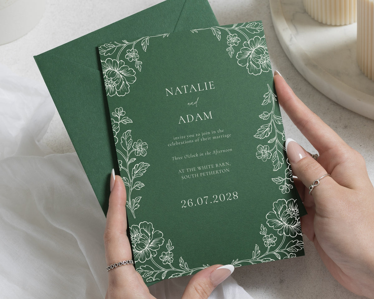 Forest Green Wedding Invitations, Botanical Floral Wedding Invites, Elegant Garden Wedding Stationery, Personalised Invitation Suite