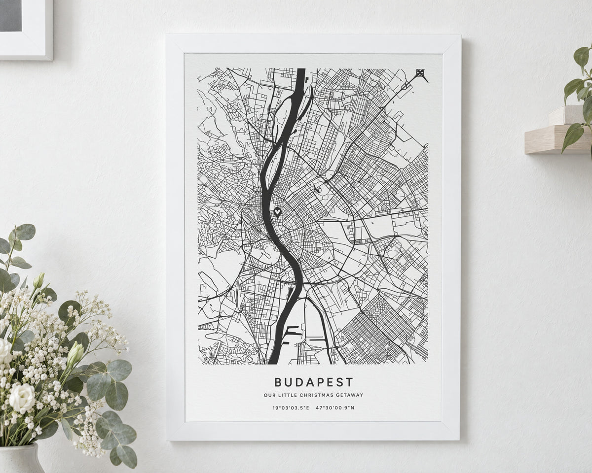 Personalised Map Print, Custom Location Map, Coordinates Print, Gift for Couple, New Home Gift, Black Line Wall Art, White Framed Print