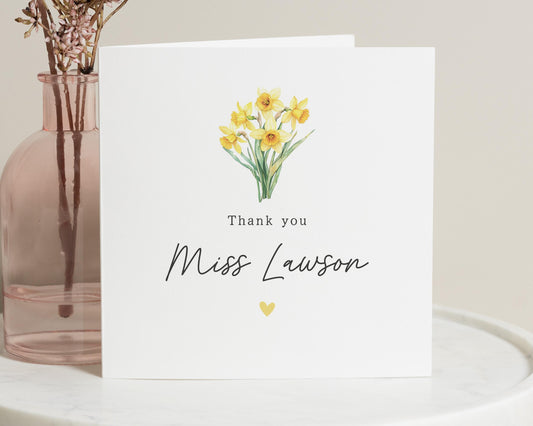 Thank You Teacher Card, Personalised Thank You Card, Teacher Thank You, Daffodil Card, Thank You Card for Her, Custom Teacher Card