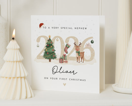 Personalised Nephew First Christmas Card, 1st Christmas Card for Nephew, Baby Boy Christmas Card, Cute Reindeer Christmas Card