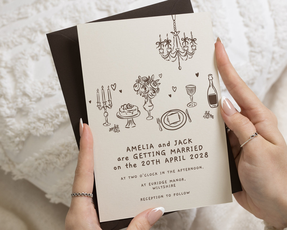 Hand Drawn Wedding Invitations, Ivory Wedding Invites with Brown Envelopes, Illustrated Personalised Wedding Stationery