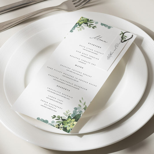 Greenery Wedding Menu, Wedding Menu Cards, Menu Card With Place Card, Floral Menu, Printed Menu Cards, Food Menu &#39;Alethea&#39;