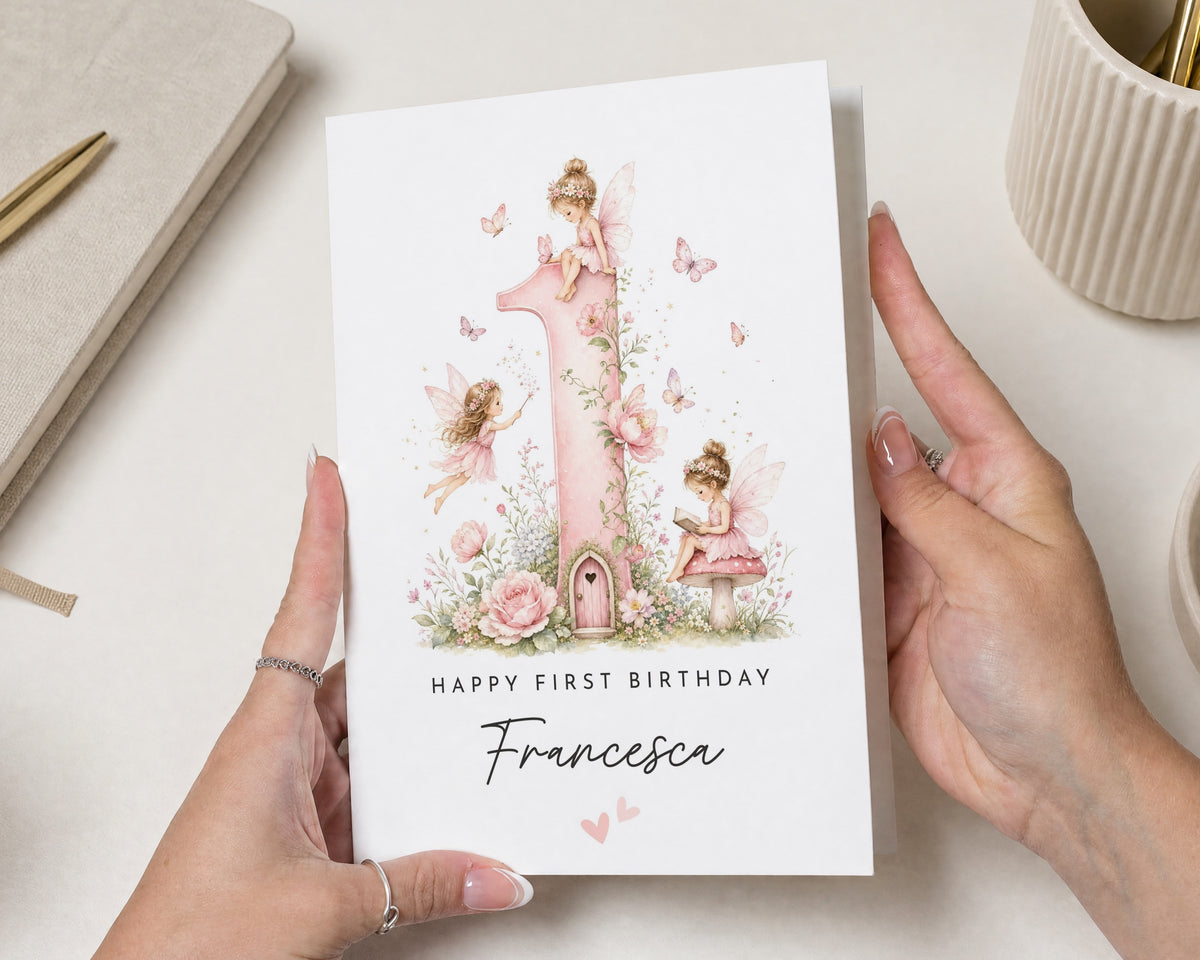 Personalised First Birthday Card, 1st Birthday Card for Girl, Birthday Card for Daughter, Fairy Birthday Card, Floral Birthday Card