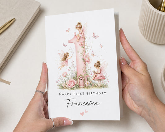 Personalised First Birthday Card, 1st Birthday Card for Girl, Birthday Card for Daughter, Fairy Birthday Card, Floral Birthday Card