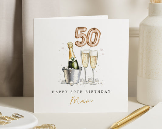 50th Birthday Card for Mum, Birthday Card for Her, Champagne Card, Personalised Mum Birthday Card, Illustration Birthday Card