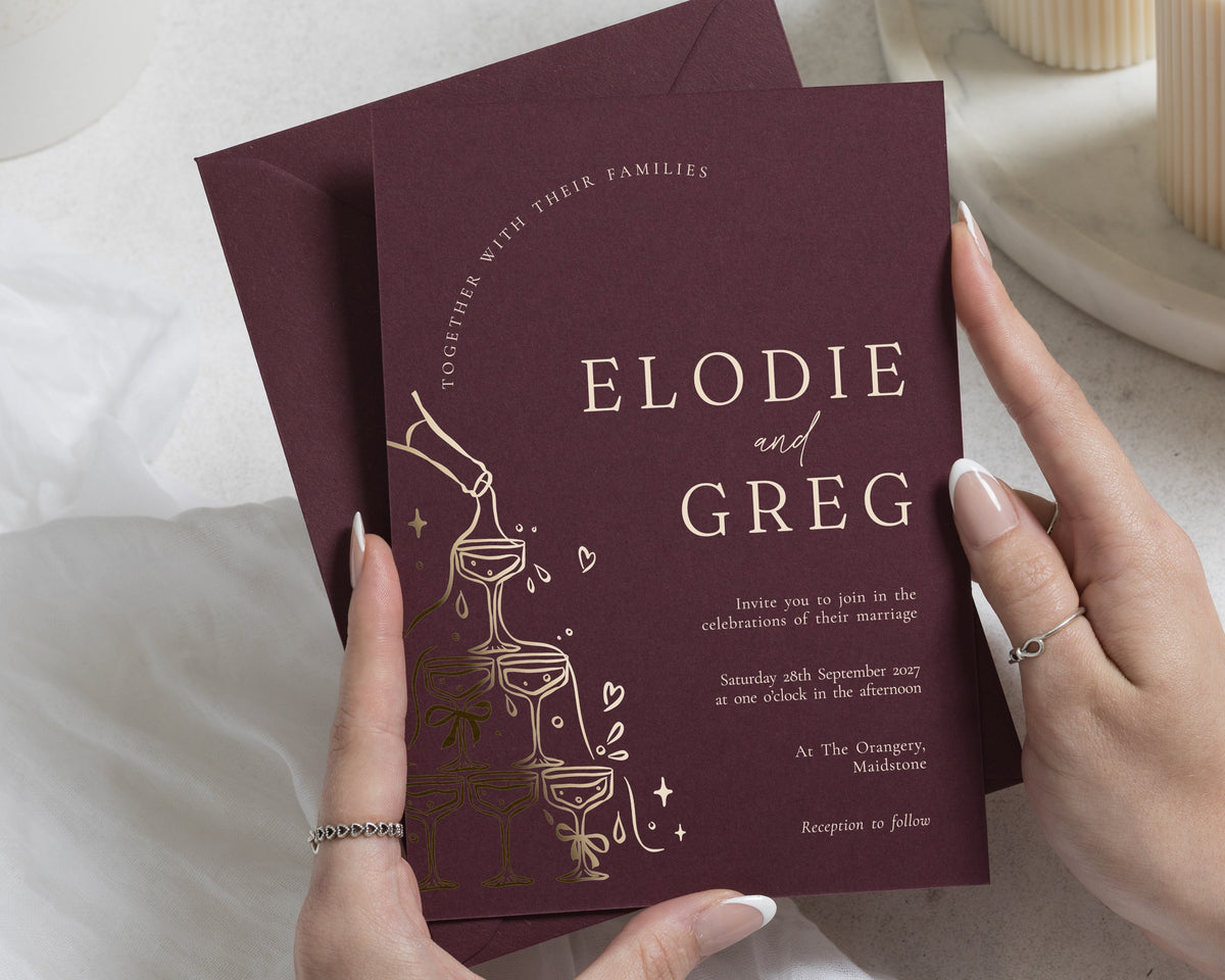Burgundy Gold Foil Wedding Invitations, Champagne Tower Wedding Invites, Personalised Foil Wedding Invitation, Celebration Wedding Invite
