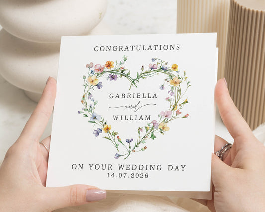 Personalised Wedding Card, Wedding Day Card, Congratulations Card, Floral Heart Card, Custom Names, Wedding Card for Couple