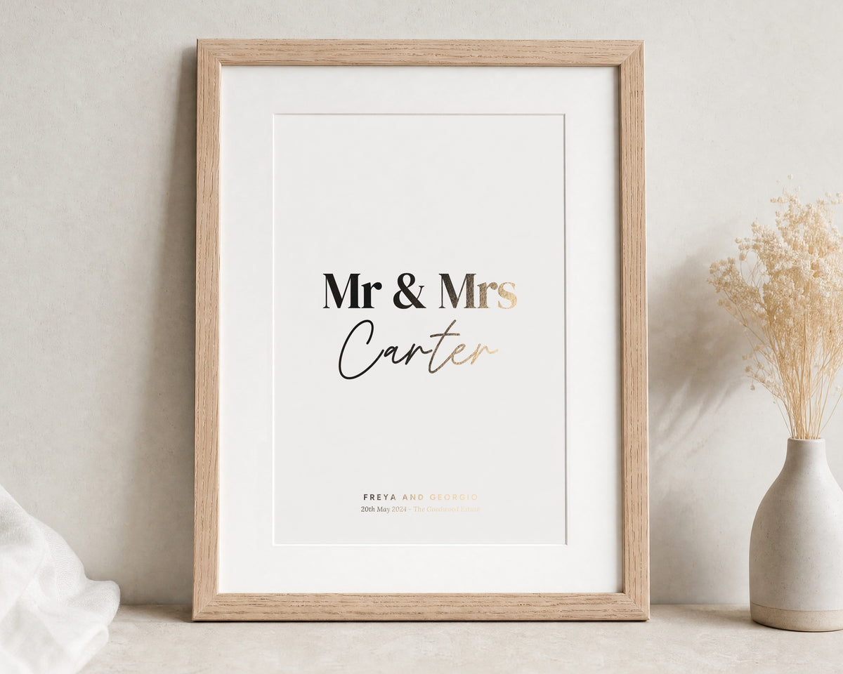 Personalised Gold Foil Wedding Print, Mr and Mrs Couple Wall Art, Off White Wall Art, Anniversary Gift, Oak Framed Print