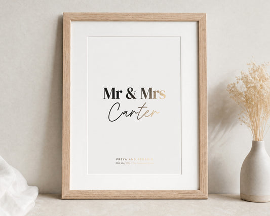 Personalised Gold Foil Wedding Print, Mr and Mrs Couple Wall Art, Off White Wall Art, Anniversary Gift, Oak Framed Print