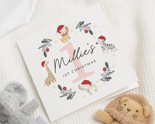 1st Christmas Card for Baby, Personalised Baby Christmas Card, First Christmas Card, Animal Christmas Card, Baby Girl Christmas Card