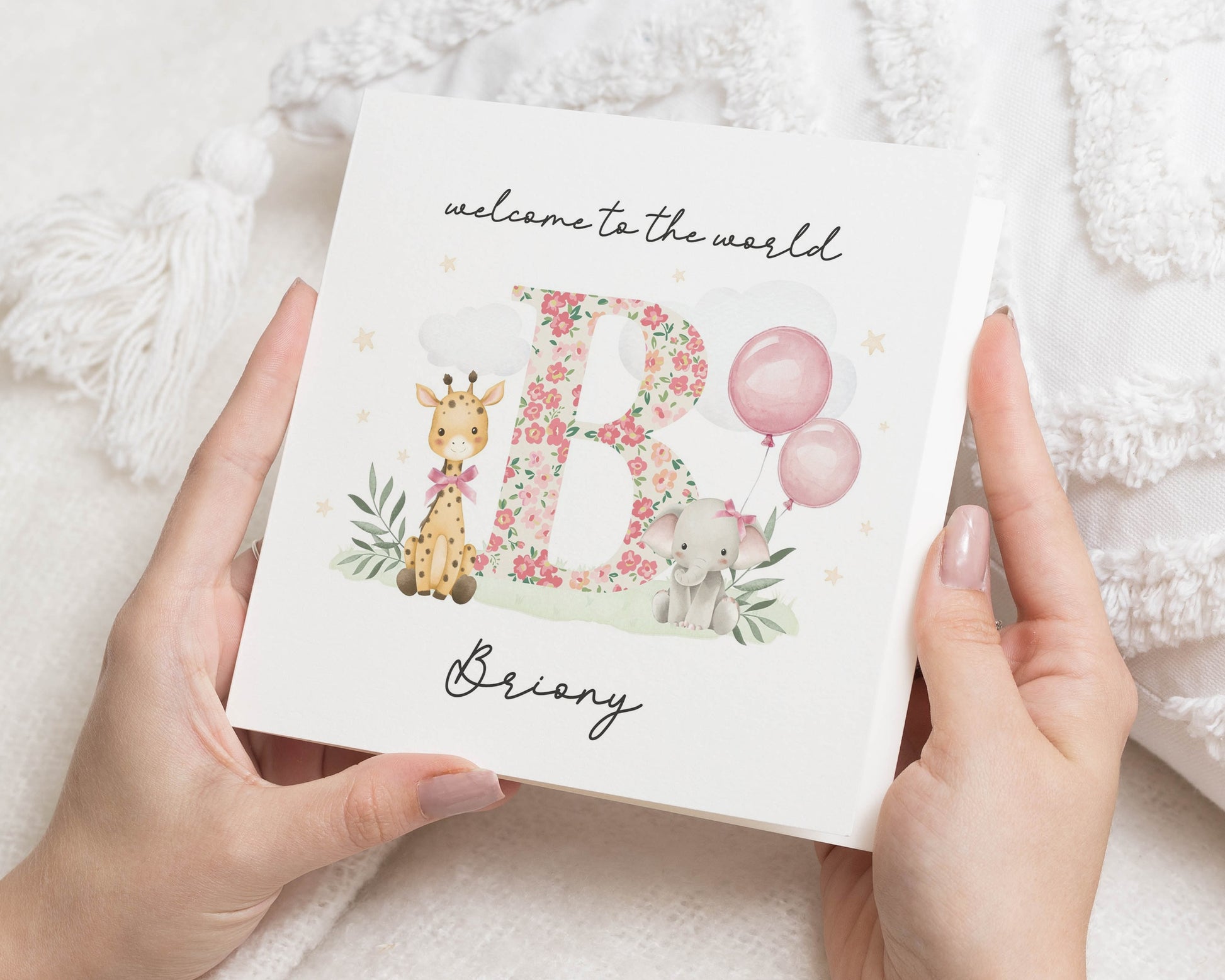 Personalised New Baby Card, Baby Girl Card, Animal New Baby Card, Custom Name Card, Elephant and Giraffe Card, Floral Initial New Baby Card