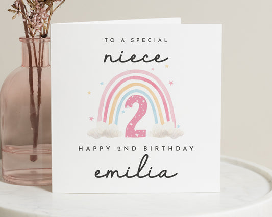 2nd Birthday Card for Niece, Personalised Birthday Card for Girl, Rainbow Birthday Card, Cute Birthday Card for Niece, Age 2 Card