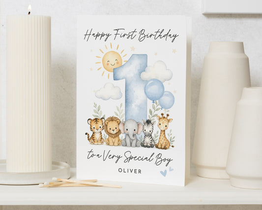First Birthday Card for Boy, 1st Birthday Card, Personalised Birthday Card, Safari Birthday Card, Son Grandson Nephew Birthday Card