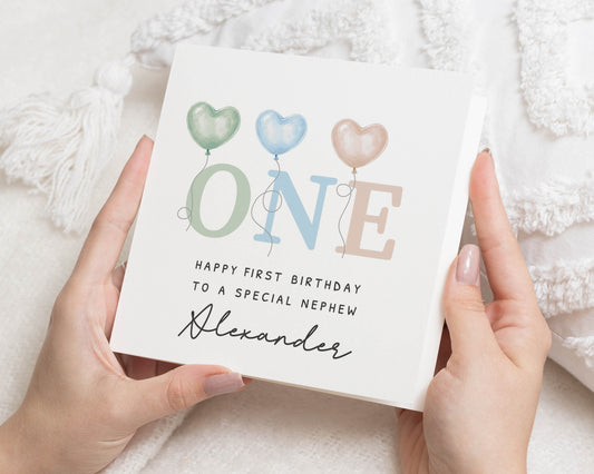 1st Birthday Card for Nephew, Personalised First Birthday Card, Birthday Card for Boy, Custom Card for Nephew, Heart Balloon Card