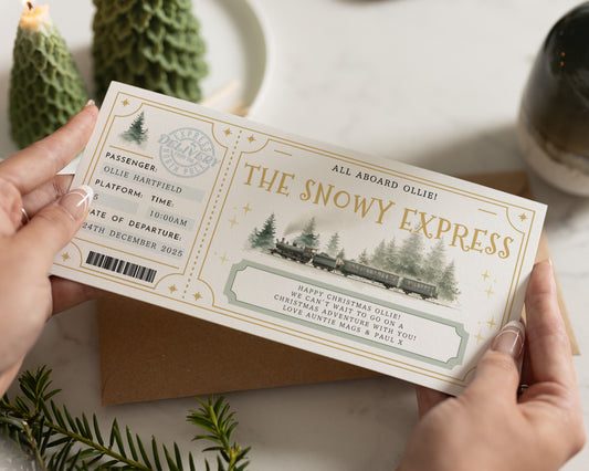 Personalised Christmas Train Ticket, Snowy Express Gift Voucher, Christmas Gift for Kids, Custom Holiday Reveal Ticket