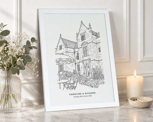 Personalised Venue Illustration, Custom Line Drawing Print From Photo, Wedding Gift for Couple, Anniversary Wall Art, White Framed Print
