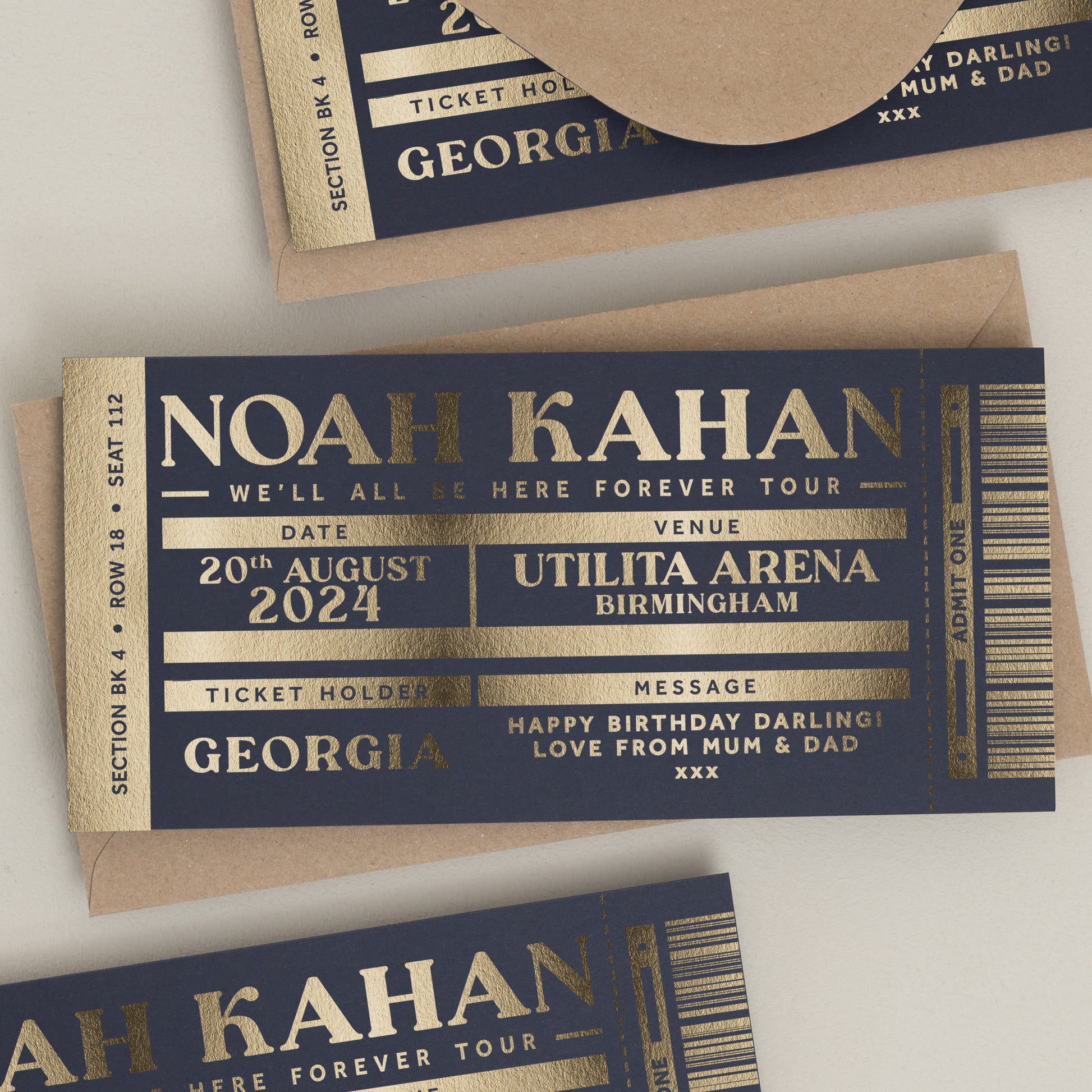 Personalised Gold Foil Gift Voucher, Noah Kahan Gig Ticket Gift Voucher, Foiled Concert Reveal, Noah Kahan Surprise Gig Ticket