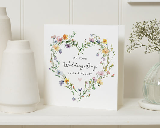 Wedding Card, Floral Wedding Card, Personalised Wedding Card, Heart Wedding Card, Custom Wedding Day Card, Illustrated Wedding Card