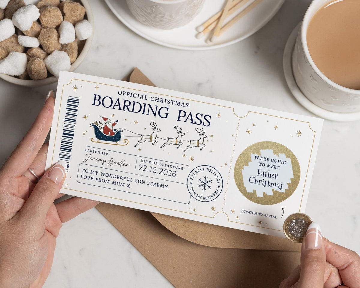 Personalised Christmas Gift Voucher, Father Christmas Scratch To Reveal Boarding Pass, Santa Visit Reveal Gift for Kids