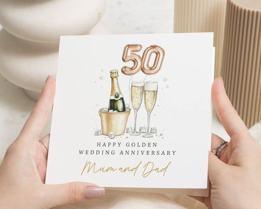 Golden Wedding Anniversary Card for Mum and Dad, 50th Anniversary Card, Parents Anniversary Card, Champagne Card, Personalised Card