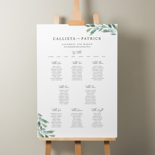 Greenery Wedding Table Plan, Personalised Eucalyptus Table Seating Plan, Find Your Seat Sign, Botanical Foliage Wedding Décor A1 &#39;Callista&#39;