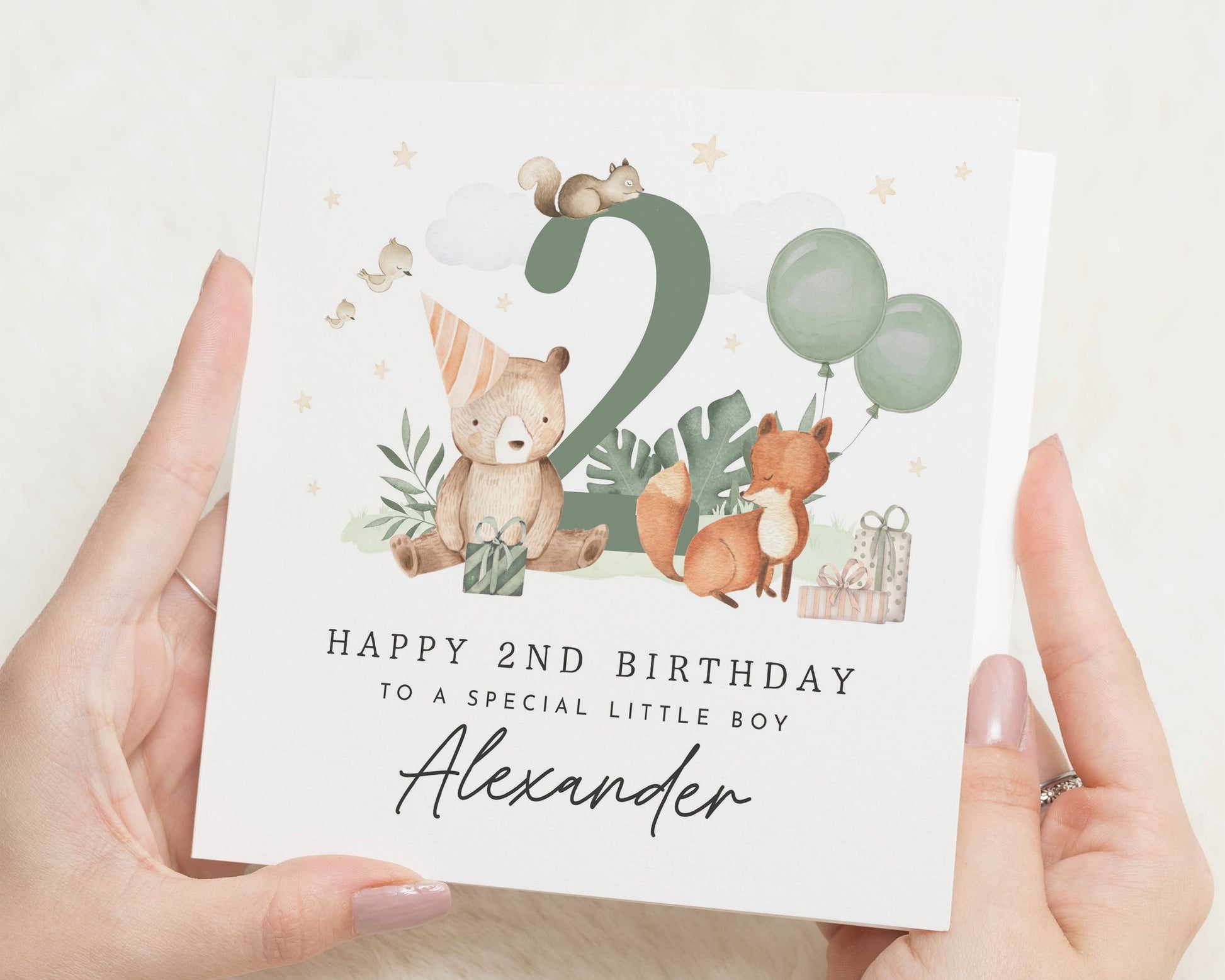 2nd Birthday Card for Boy, Personalised Woodland Birthday Card, Bear and Fox Card, Birthday Card for Son, Cute Animal Card