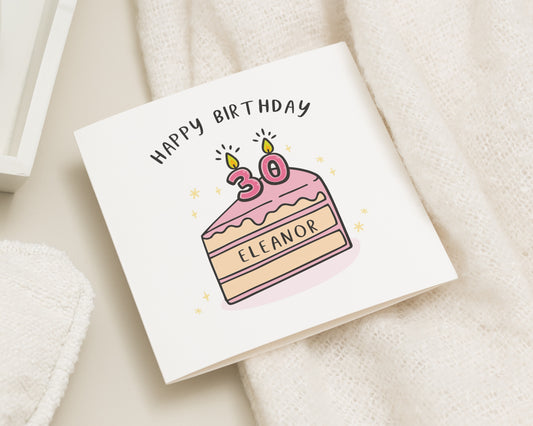 30th Birthday Card, Personalised Birthday Card, Birthday Card for Her, Custom Name Cake Card, Cute Birthday Card for Friend, Women