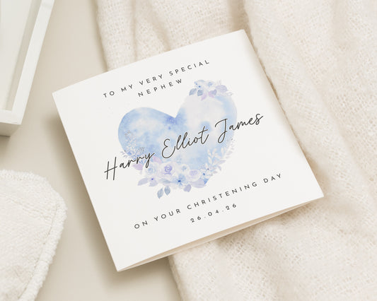 Christening Card for Nephew, Personalised Christening Card, Special Nephew Card, Blue Heart Christening Card, Baby Boy Christening