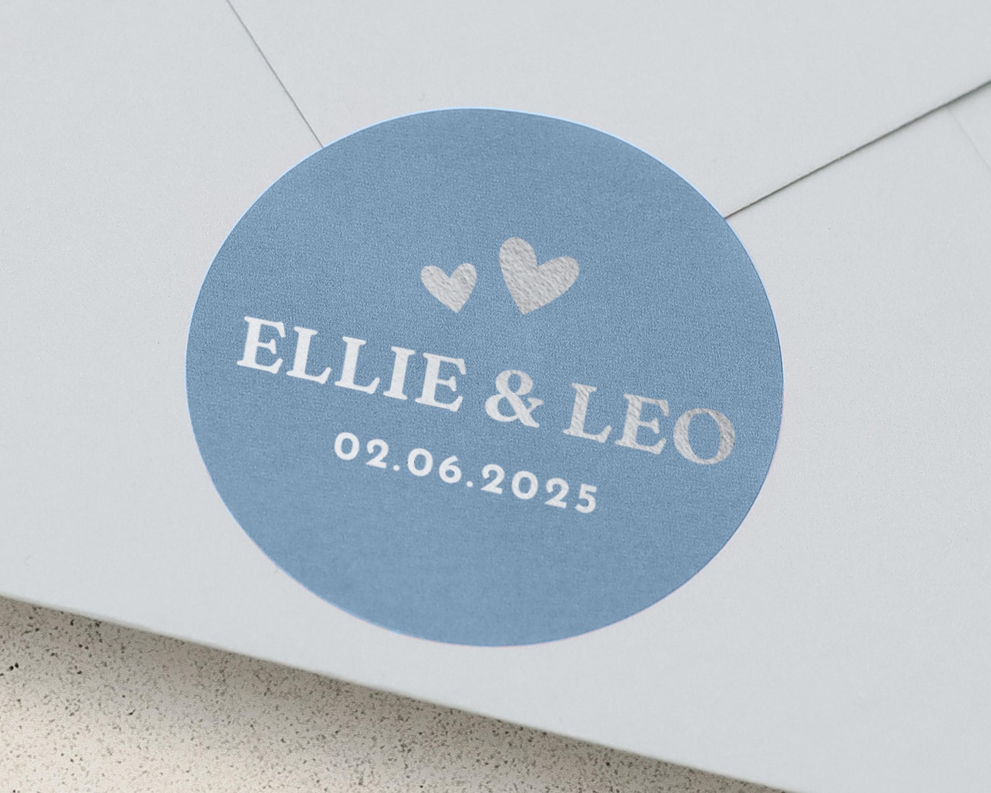 Wedding Envelope Seal, Personalised Wedding Sticker, Custom Names and Date, Heart Envelope Sticker, Blue Wedding Label, Silver Foil