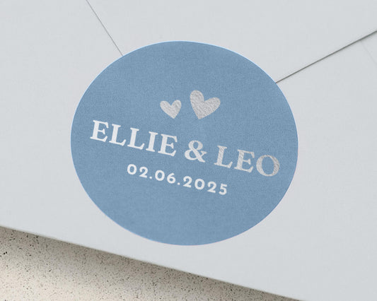 Wedding Envelope Seal, Personalised Wedding Sticker, Custom Names and Date, Heart Envelope Sticker, Blue Wedding Label, Silver Foil