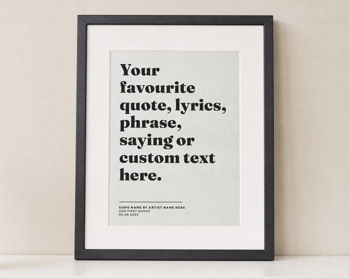 Personalised Song Lyrics Print, Custom Quote Wall Art, Grey Wall Art, Wedding Gift, First Dance Print, Anniversary Gift, Bedroom Wall Art