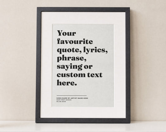 Personalised Song Lyrics Print, Custom Quote Wall Art, Grey Wall Art, Wedding Gift, First Dance Print, Anniversary Gift, Bedroom Wall Art