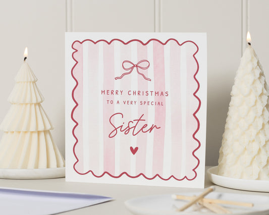 Christmas Card for Sister, Sister Christmas Card, Special Sister Christmas Card, Christmas Card for Her, Cute Pink Bow Xmas Card