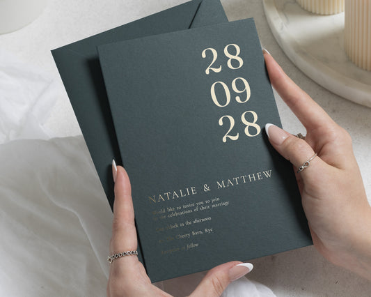 Gold Foil Wedding Invitations, Dark Green Minimalist Wedding Invite, Elegant Typography Personalised Wedding Invitation
