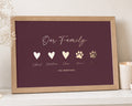 Personalised Gold Foil Family Print, Burgundy Wall Art, Heart and Paw Print, Gift for Family, New Home Gift, Oak Framed Print