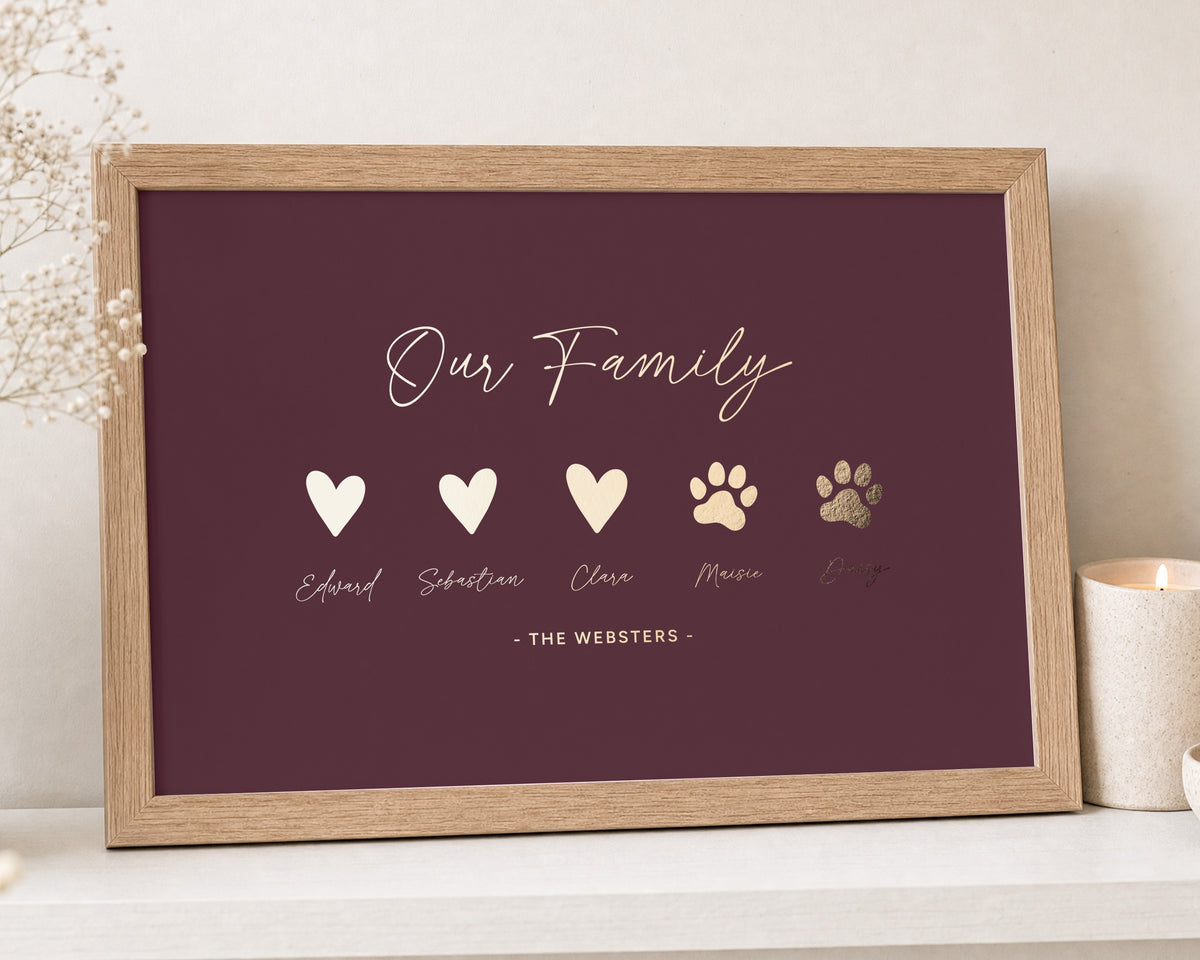 Personalised Gold Foil Family Print, Burgundy Wall Art, Heart and Paw Print, Gift for Family, New Home Gift, Oak Framed Print