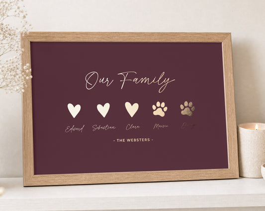 Personalised Gold Foil Family Print, Burgundy Wall Art, Heart and Paw Print, Gift for Family, New Home Gift, Oak Framed Print