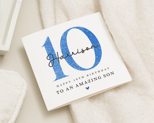 10th Birthday Card for Son, Personalised Boy Birthday Card, Happy 10th Birthday, Son Birthday Card, Blue Card for Kids, Custom Name Card