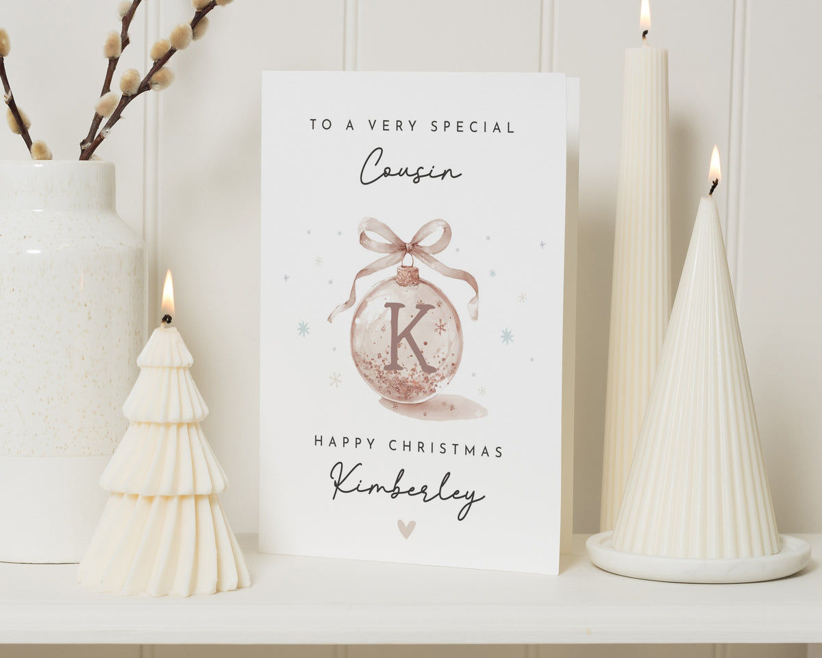Christmas Card for Cousin, Cousin Christmas Card, Personalised Christmas Card, Custom Xmas Card, Initial Bauble Card for Her