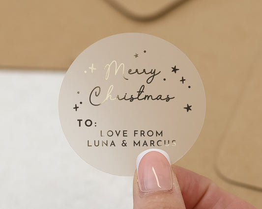 Merry Christmas Sticker, Personalised Christmas Sticker, Gift Label, Custom Christmas Tag, Gold Foil Christmas Sticker, To From Label