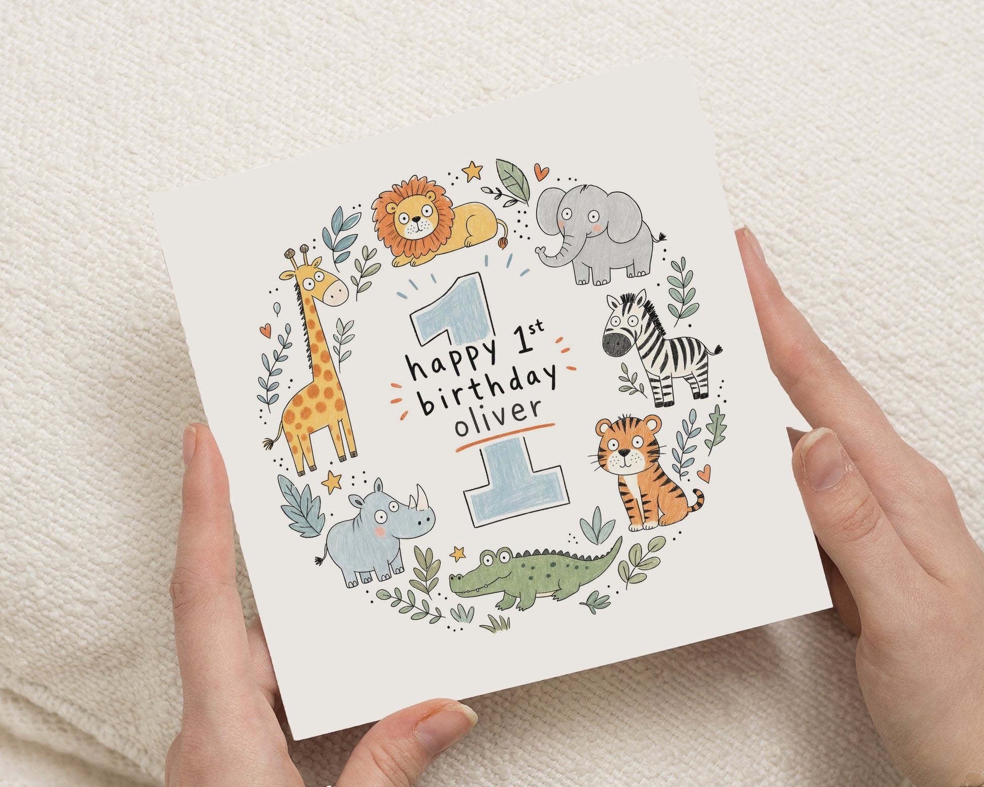 Personalised 1st Birthday Card, First Birthday Card for Boy, Safari Birthday Card, Jungle Animal Birthday Card, 1st Birthday Cards