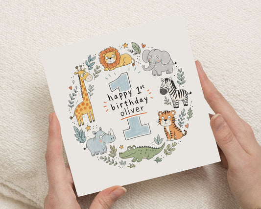 Personalised 1st Birthday Card, First Birthday Card for Boy, Safari Birthday Card, Jungle Animal Birthday Card, 1st Birthday Cards